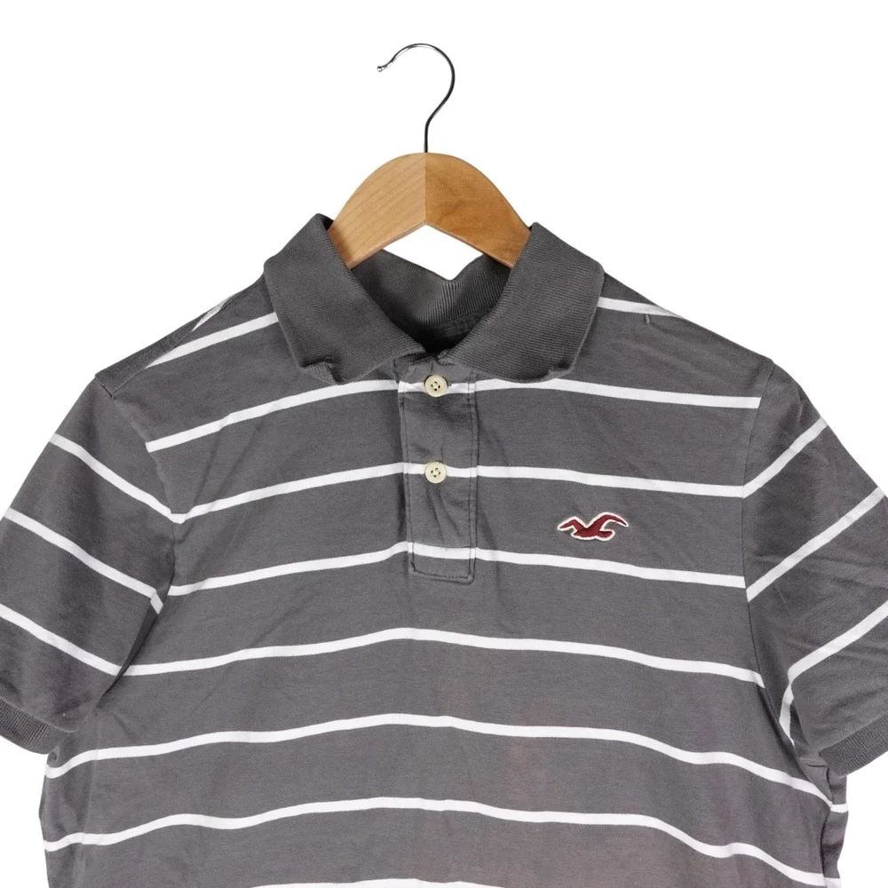 Hollister Mens XL Grey White Striped Short Sleeve Cotton Polo Shirt Logo 6271